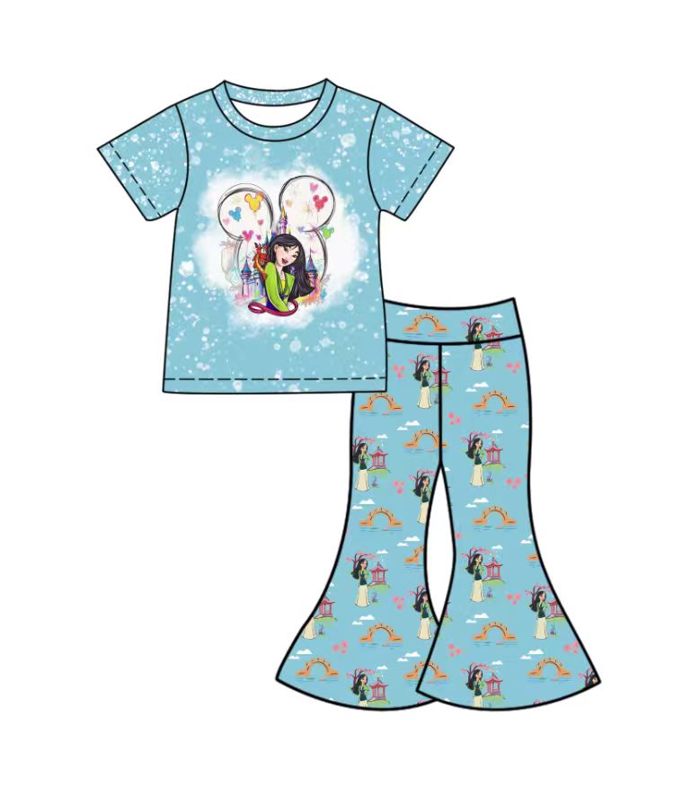 Custom moq 5 mix size milk silk baby girl clothes cartoon blue and green short sleeve pants sets