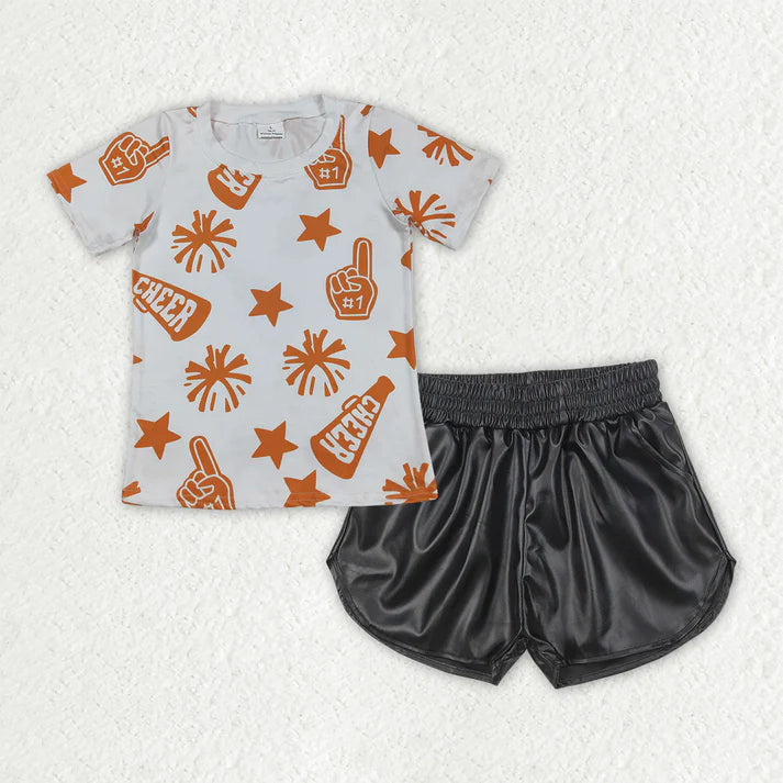 RTS NO MOQ Baby Girls Orange Cheer Team Top And Black Leather Shorts Outfit Set Baby Clothing Set