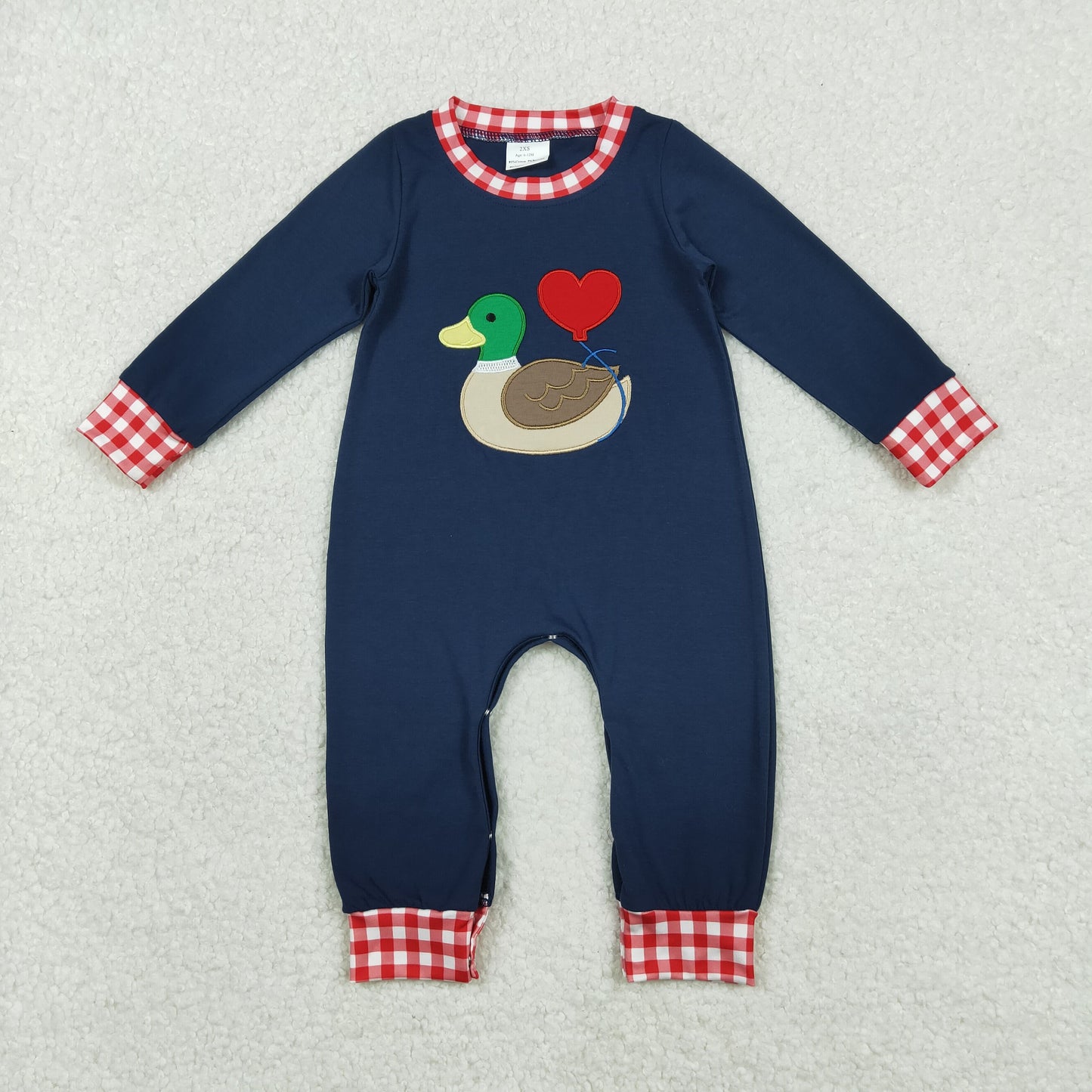 RTS NO MOQ(In Stock) LR2721 Embroidered Valentine's Day Heart Duck Red and White Checkered Navy Blue Long-Sleeved Jumpsuit