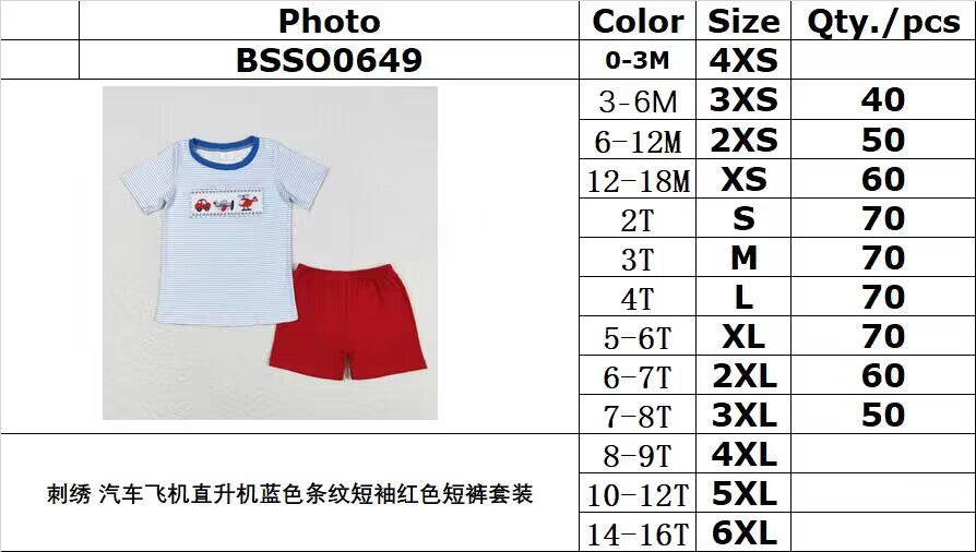 rts no moq BSSO0649 Embroidery Car Plane Helicopter Blue Striped Short Sleeve Red Shorts Suit