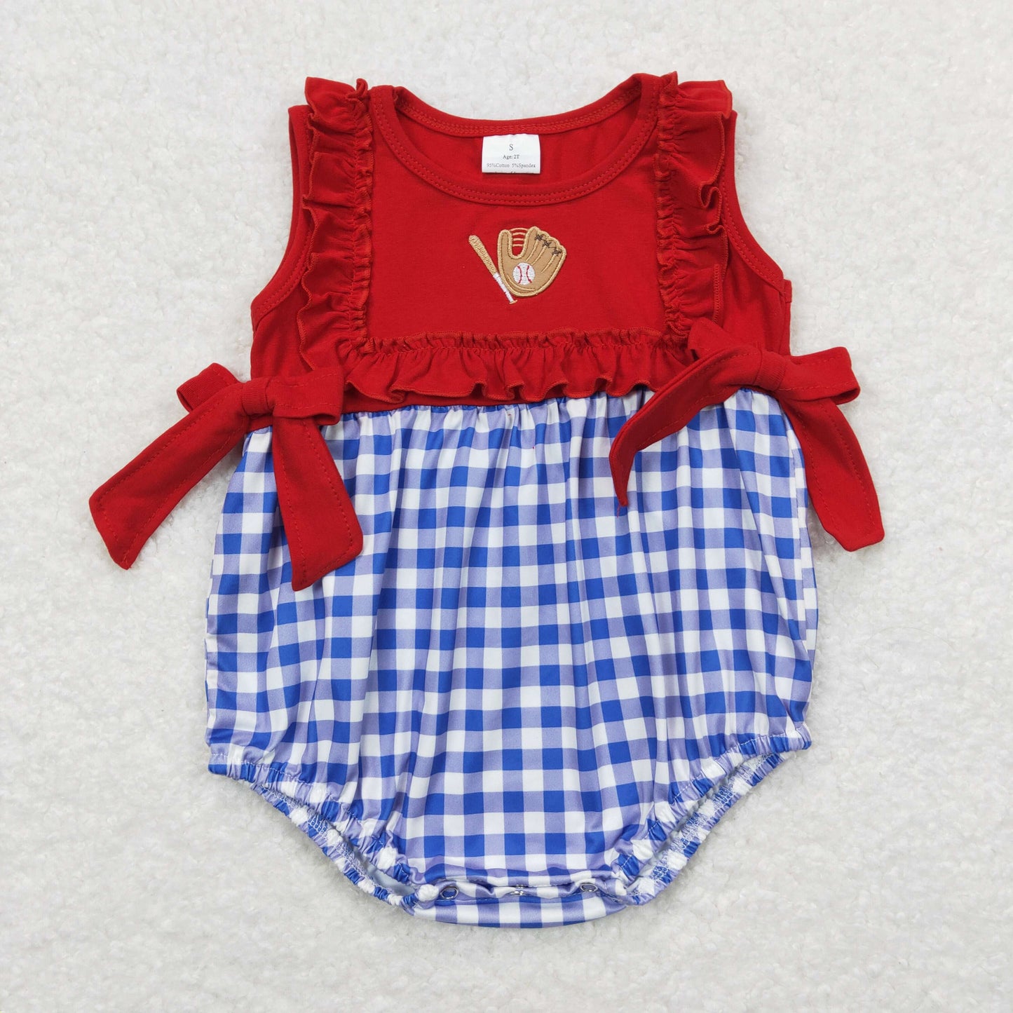 RTS NO MOQ(In Stock) Embroidered Baseball Gloves Blue White Plaid Red Bow Vest Jumpsuit