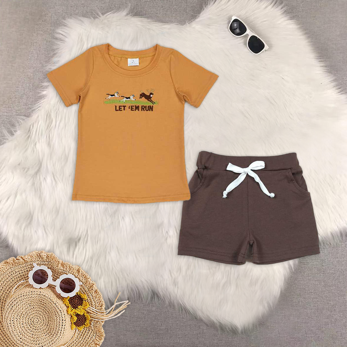 RTS NO MOQ BT0674+SS0134 baby boy clothes puppy short-sleeved top Brown pocket shorts