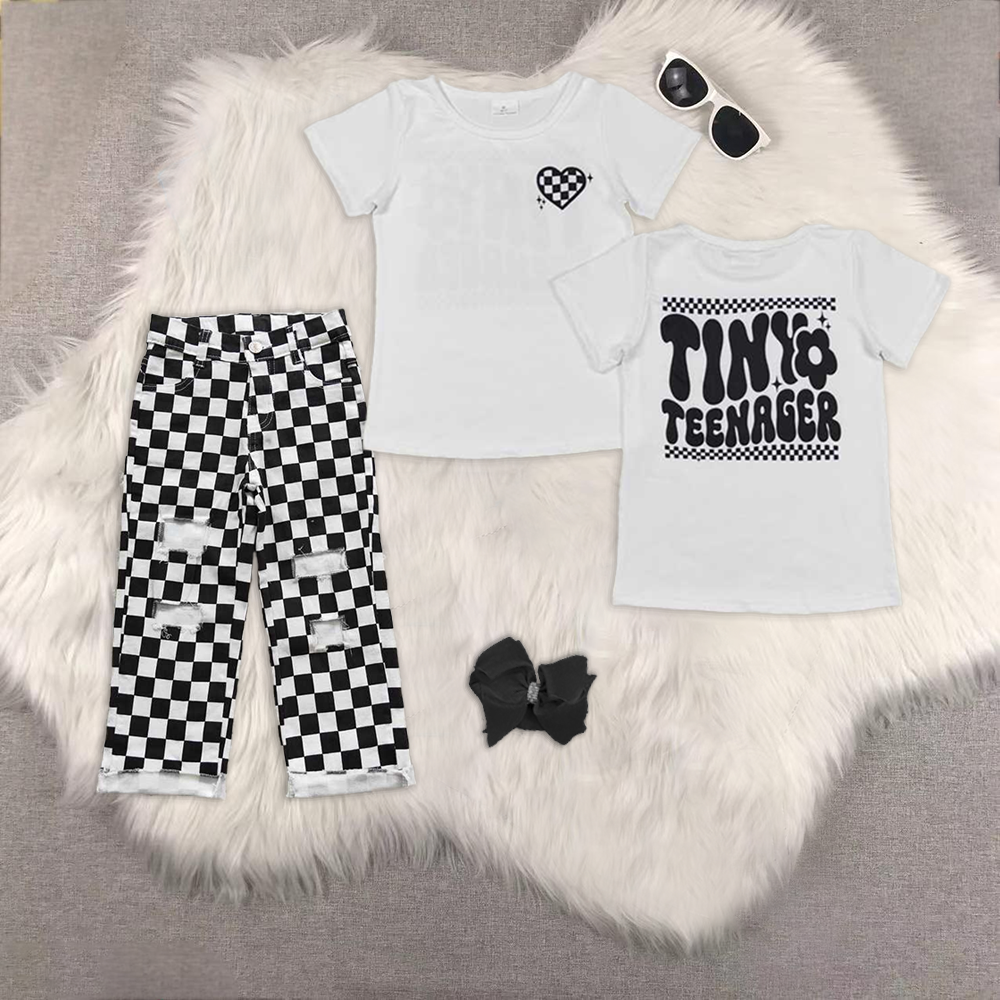 RTS NO MOQ ETA 5/7days Arrived GT0527+P0122 teenager short-sleeved top Black and white plaid ripped denim pants sets