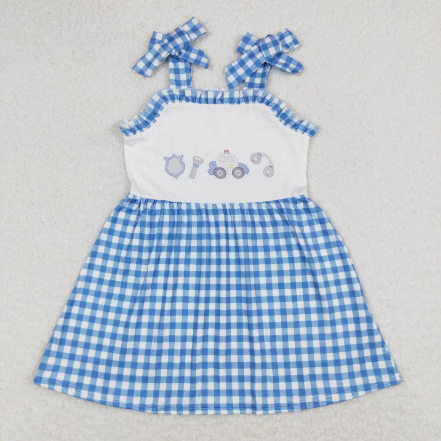 RTS NO MOQ(In Stock) police flashlight blue and white plaid lace slip dress