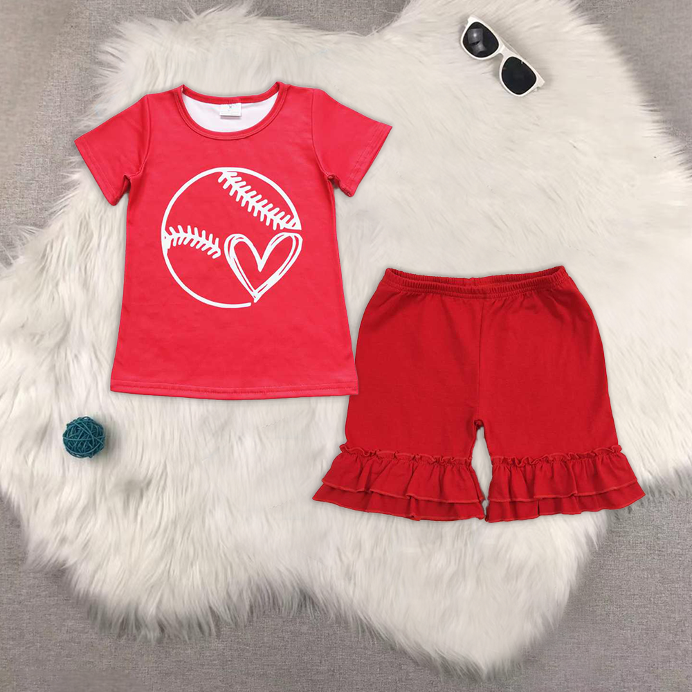 RTS NO MOQ ETA 5/7days Arrived GT0430+SS0184 Baseball heart red short-sleeved top Red lace shorts sets