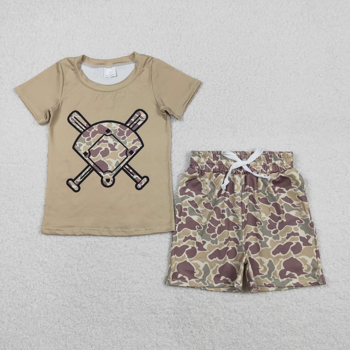 RTS NO MOQ(In Stock) BT1418+SS0696 Light brown-green camouflage fan-shaped baseball short-sleeved top shorts set-BSSO1586