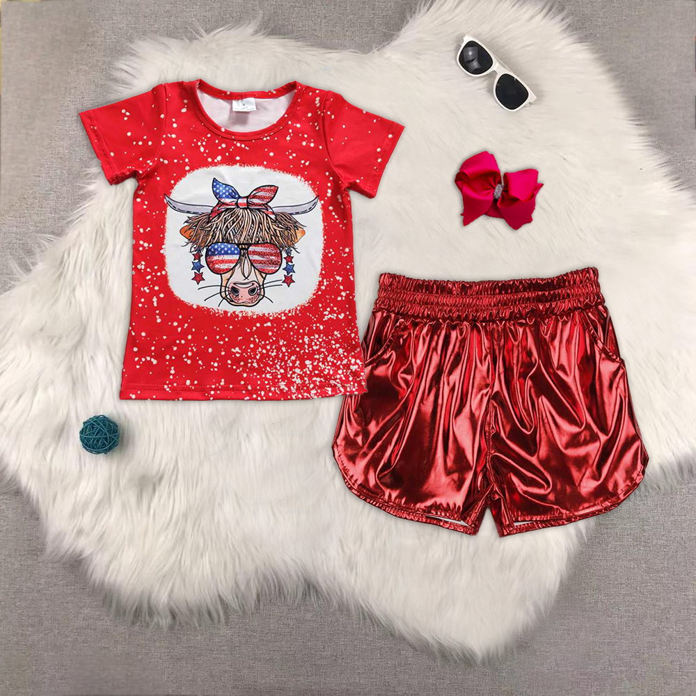 RTS NO MOQ ETA 5/7days Arrived GT0114+SS0415 Girls' National Day cow sunglasses red short-sleeved top Shiny leather red shorts sets