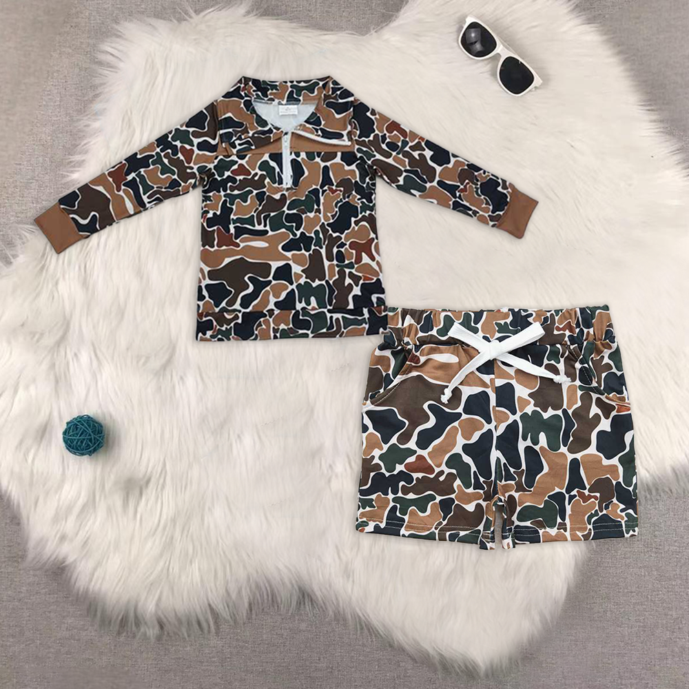 RTS NO MOQ BT0810+SS0359 Camouflage long-sleeved top shorts sets