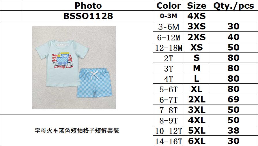 RTS NO MOQ ETA 5/7days Arrived BSSO1128 Letter train blue short-sleeved plaid shorts set