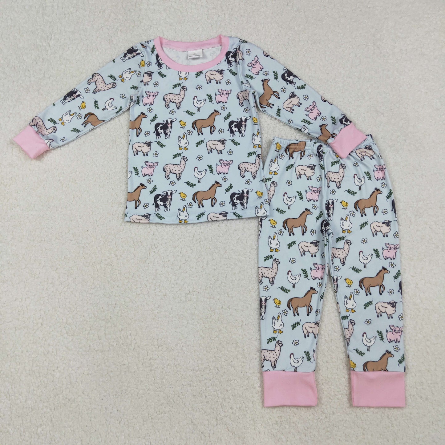 RTS NO MOQ(In Stock )GLP2564 Farm Animal Alpaca Leaf and Flower Powder Blue Long-Sleeved Powder Pants Set
