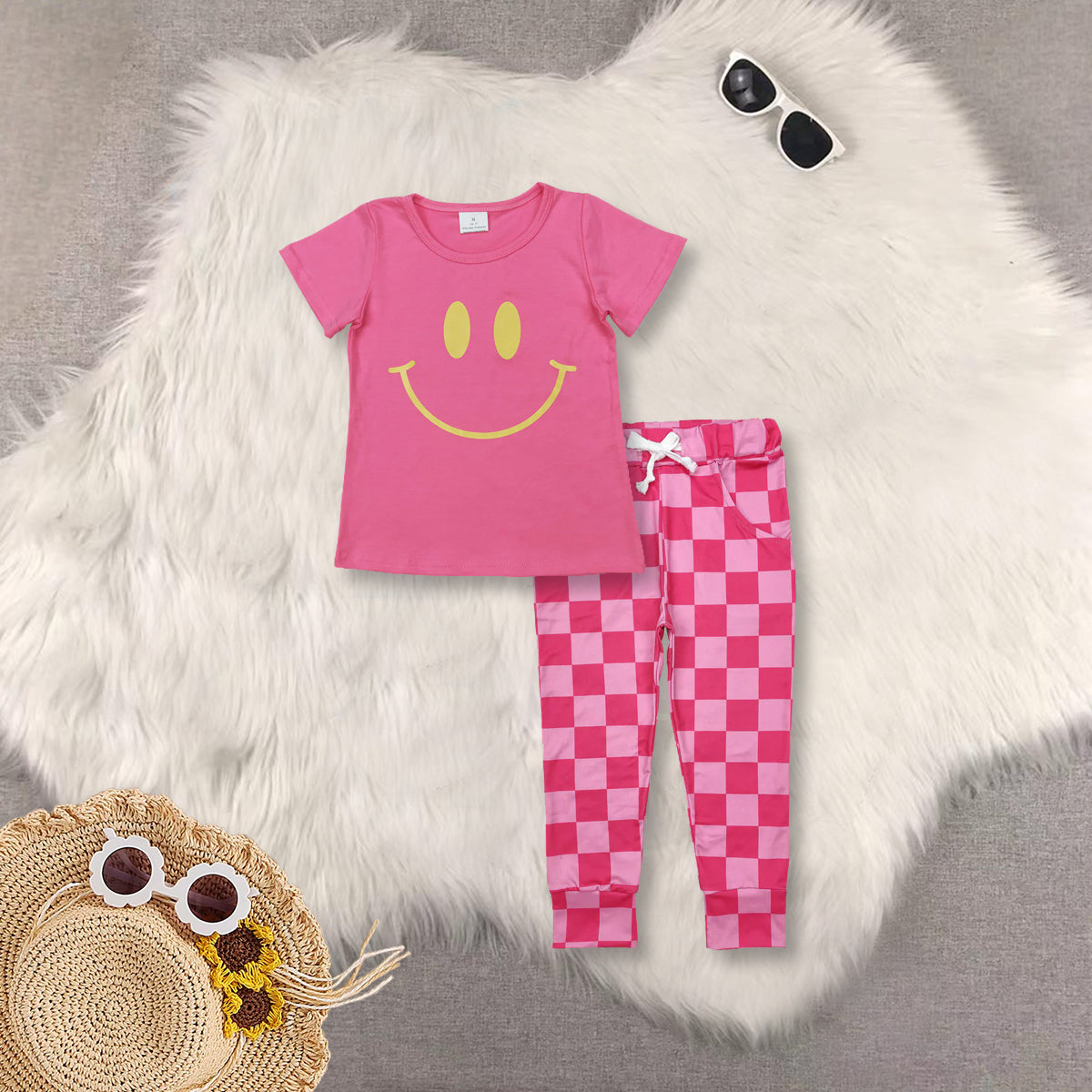 RTS NO MOQ GT0959+P0700 smiley pink short-sleeved top plaid lace-up trousers sets