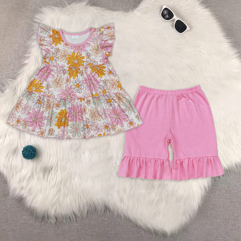 RTS NO MOQ ETA 5/7days Arrived GT0476+SS0356 Floral beige flying sleeve top Pink straight one-layer lace shorts sets