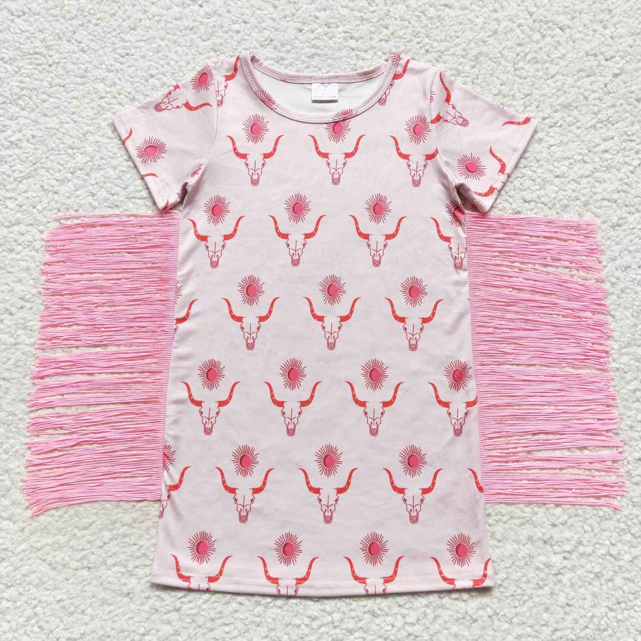 GSD0438 Alpine Cow Sun Pink Fringe Short Sleeve Dress