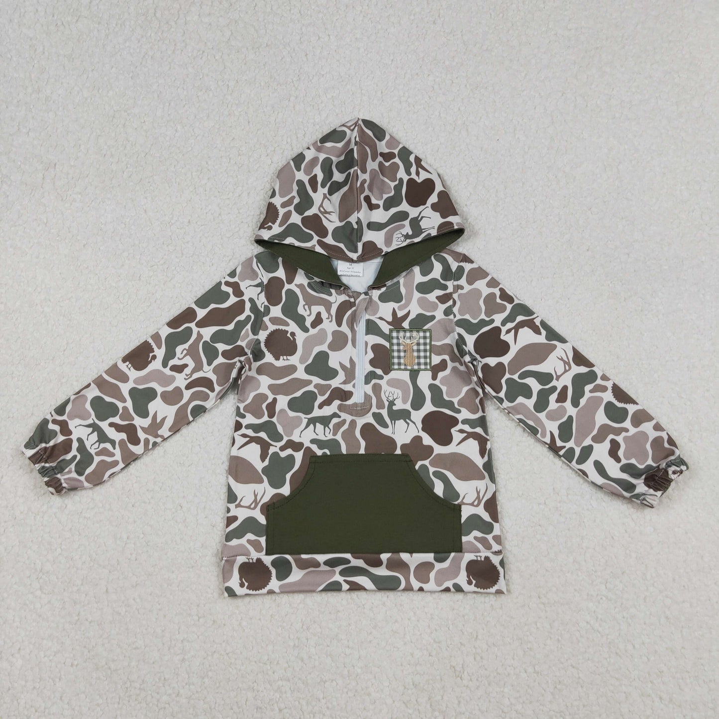 RTS NO MOQ(In Stock) BT1304 Embroidered elk camouflage green pocket zippered hooded long-sleeved top