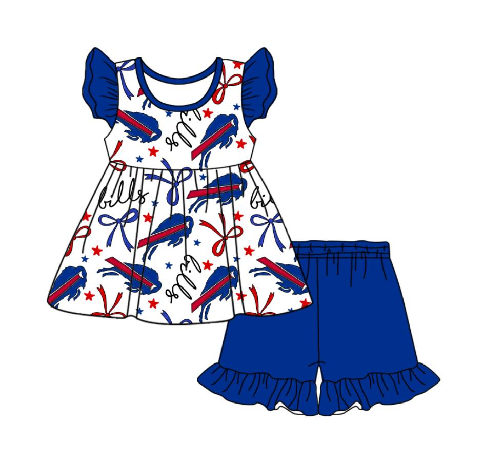 custom moq 3 eta 6-7weeks baby girls clothes team bow blue short Sleeves Shorts Set