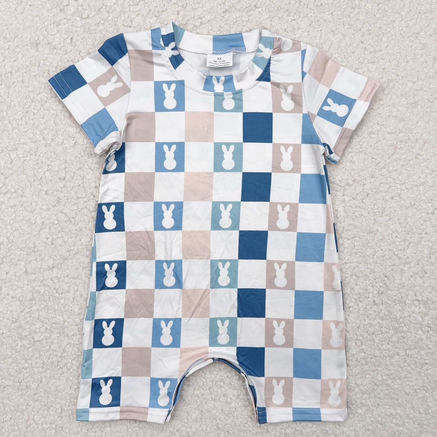 RTS SALES NO MOQ白色兔子图片蓝白米色格子连体衣White bunny picture blue, white and beige plaid jumpsuit