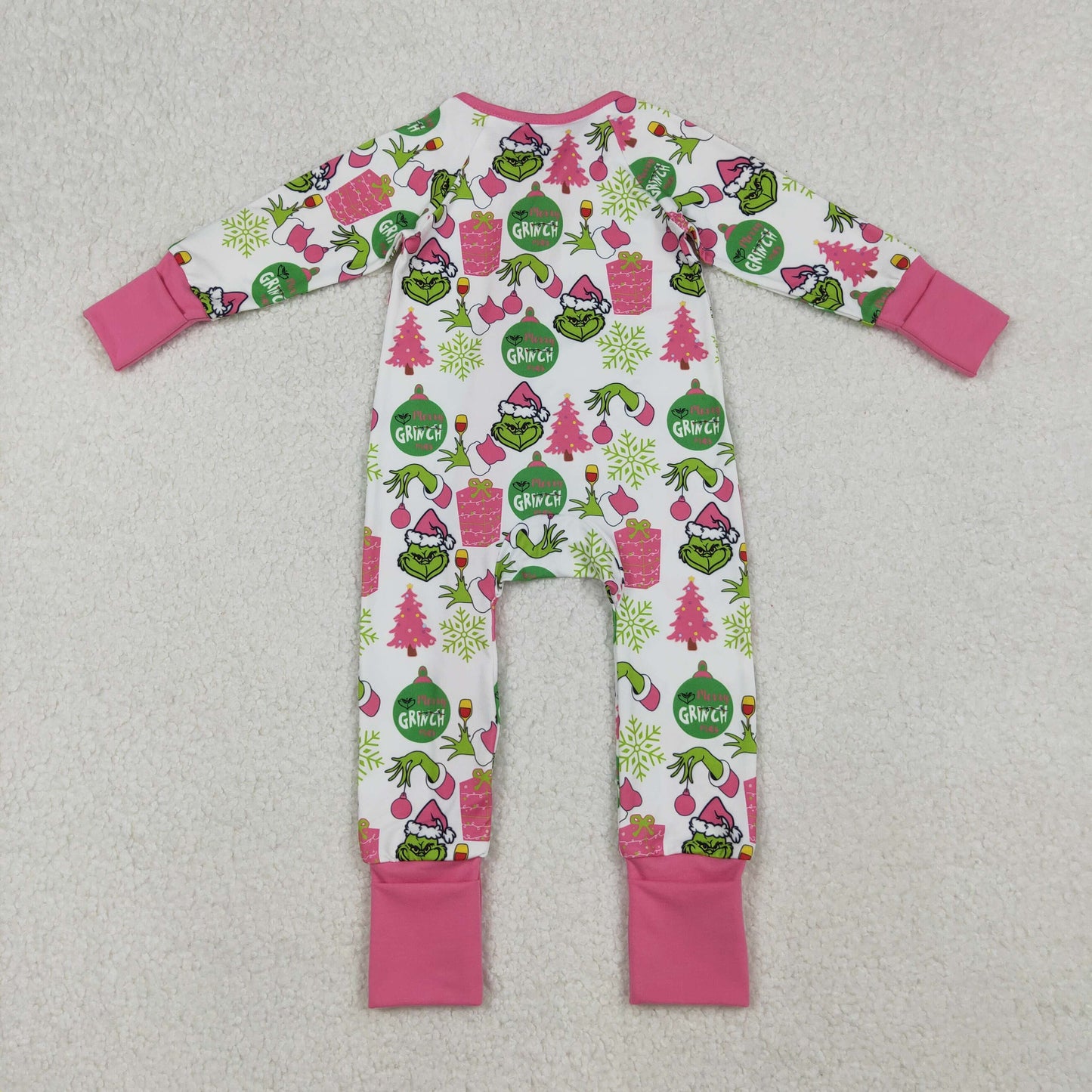 RTS NO MOQ(In Stock) LR2588 Cartoon Christmas Tree Gift Snowflake Rose Red Long-Sleeved Bodysuit with White Zipper