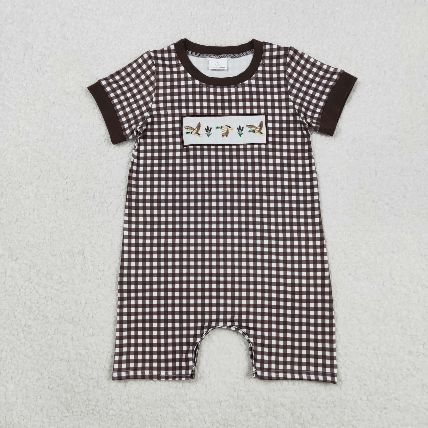 RTS NO MOQ(In Stock) SR3164 Embroidered Duck Brown Plaid Short-Sleeved Bodysuit