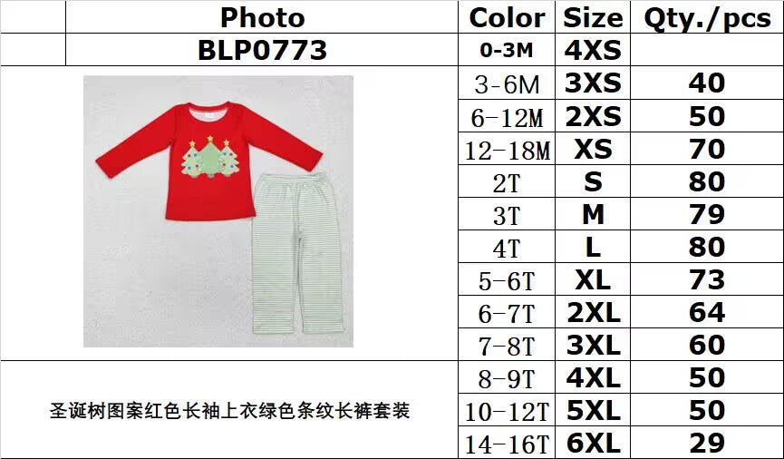 RTS NO MOQ ETA 5/7days Arrived BLP0773 Christmas tree pattern red long-sleeved top green striped trousers set
