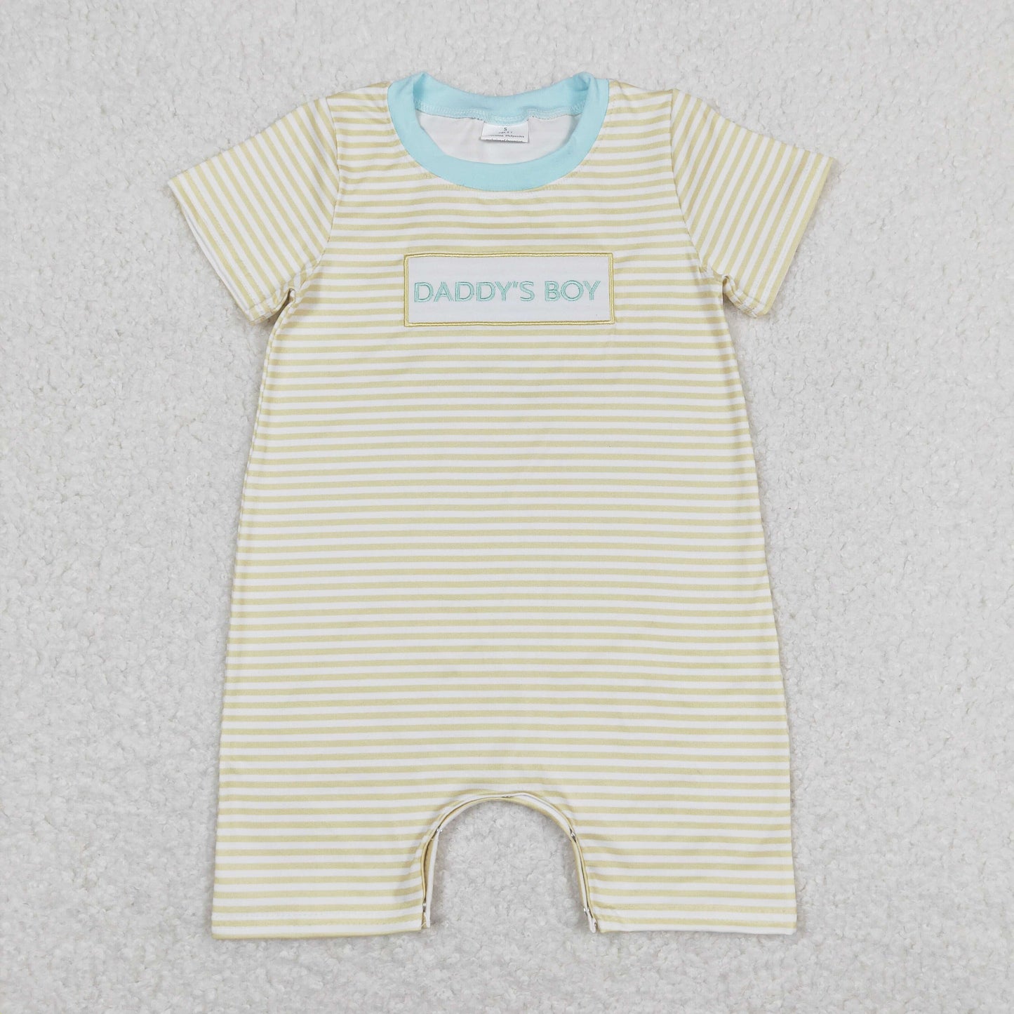 RTS NO MOQ(In Stock) daddy's boy yellow striped short-sleeved jumpsuit with embroidered letters