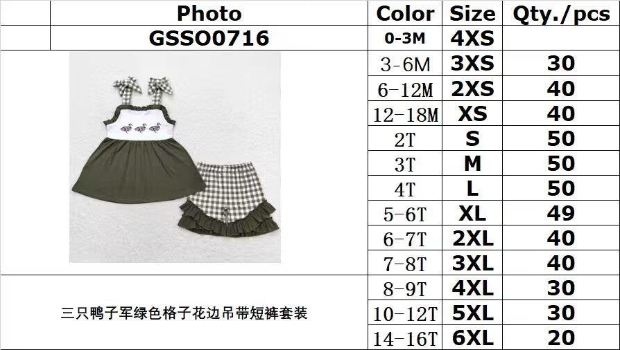 GSSO0716 Three Ducks military green plaid lace suspender shorts suit