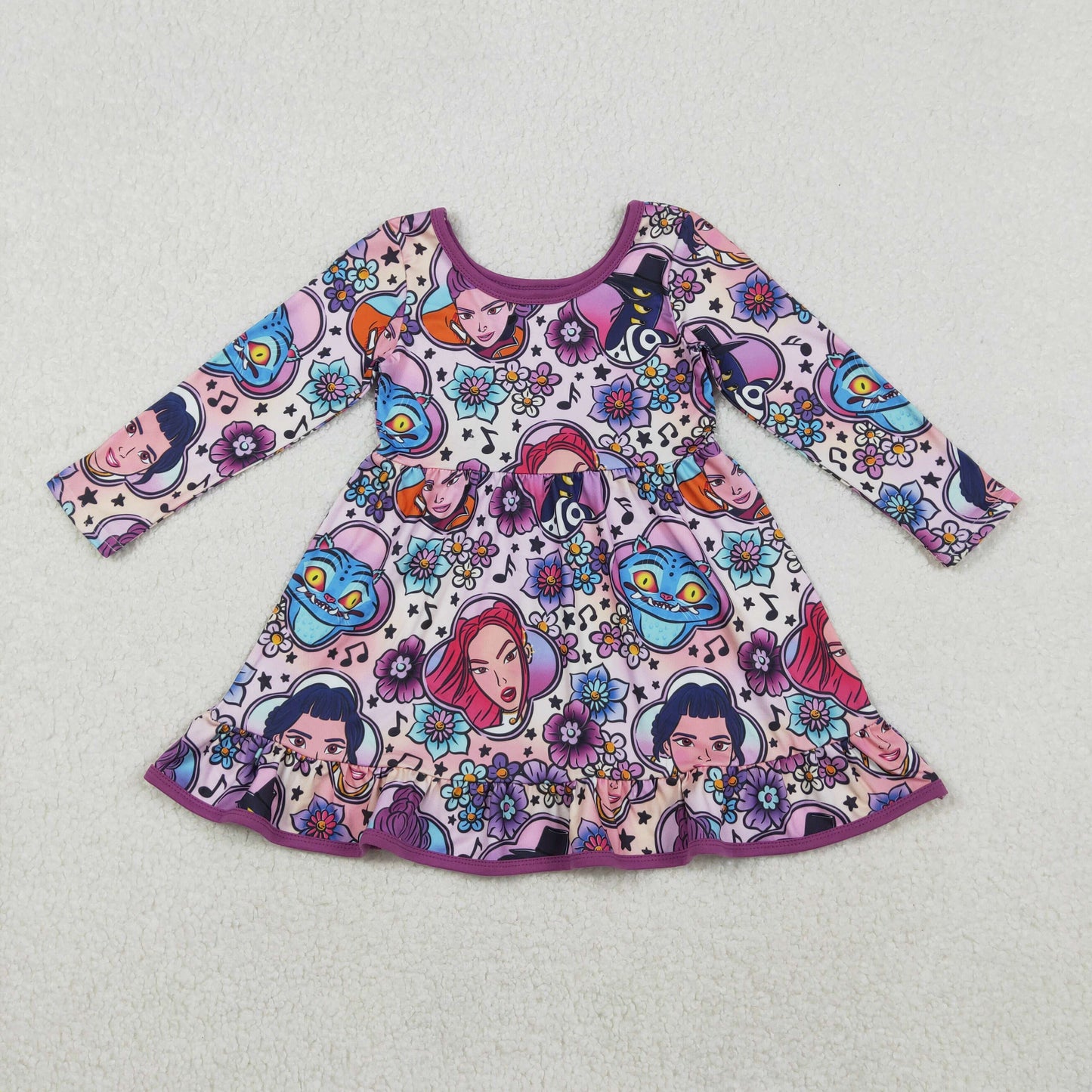 RTS NO MOQ(In Stock) GLD1351 Kpop Flower Music Cartoon Purple Long-Sleeved Dress