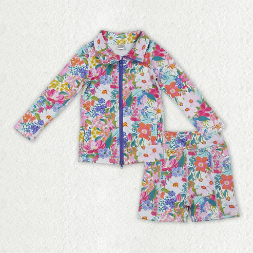 RTS NO MOQ Baby Girls Pink Lavender Floral Jacket Shorts Set with Zipper Pockets Yoga Active Clothes for Toddlers