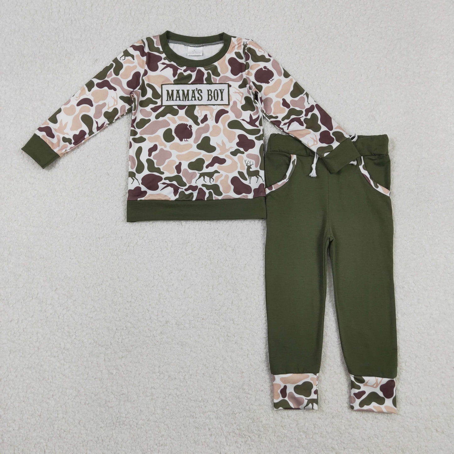 RTS NO MOQ(In Stock ) BLP1338 Embroidered Mama's Boy Duck and Puppy Camouflage Long-Sleeved Pants Set