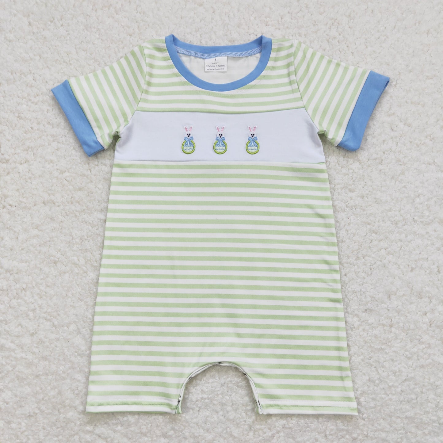RTS NO MOQ(In Stock) Embroidered bow Easter egg rabbit green and white striped blue edge short-sleeved jumpsuit