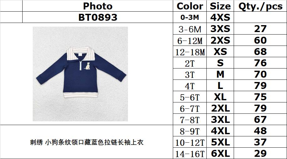 RTS NO MOQ ETA 5/7days Arrived BT0893 Embroidered puppy striped collar navy blue zipper long-sleeved top