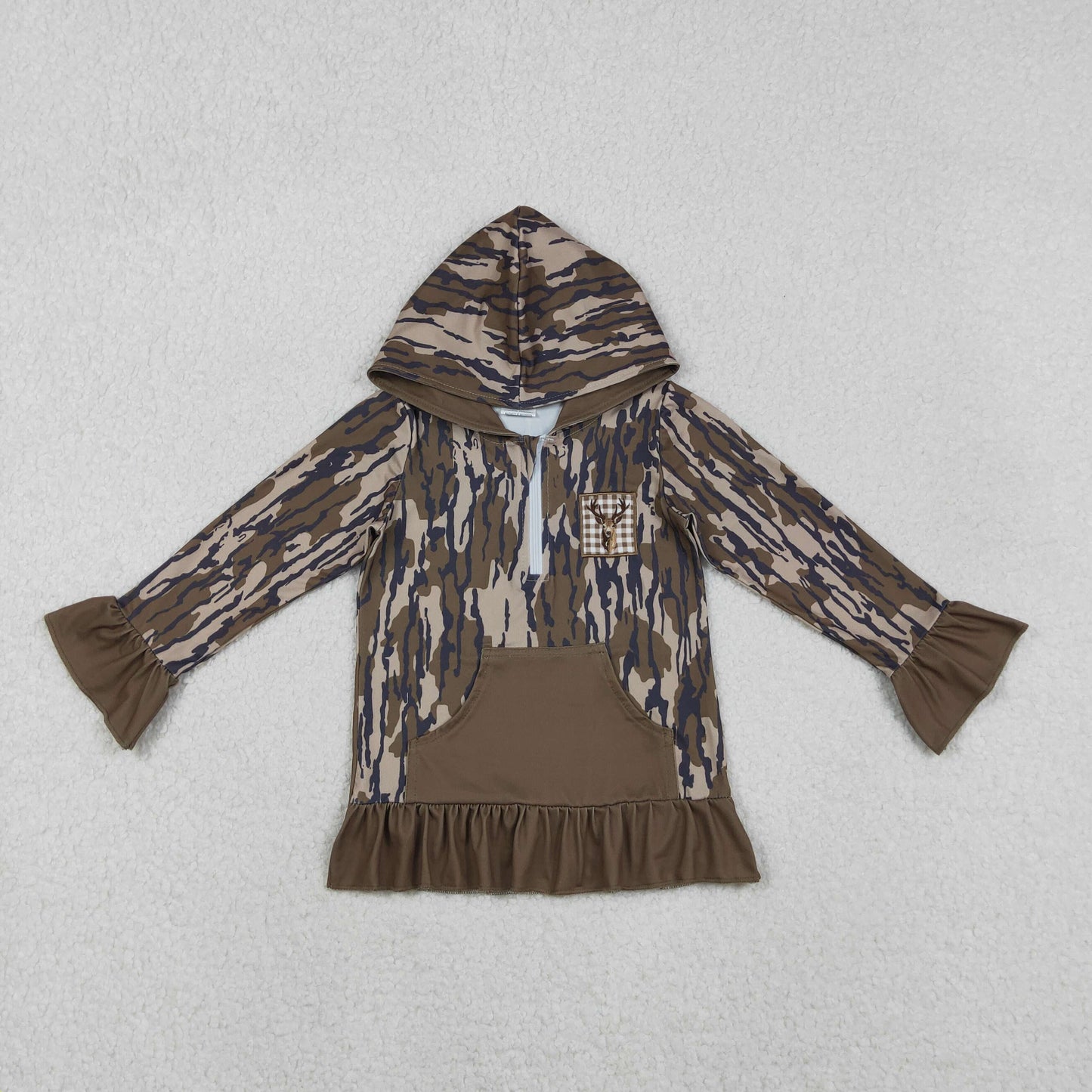 RTS NO MOQ(In Stock) GT1135 Embroidered Reindeer Camouflage Army Green Pocket Lace Zippered Hooded Long-Sleeved Top