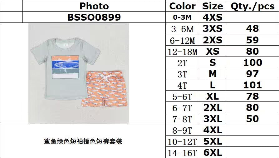 rts no moq BSSO0899 Shark Green Short Sleeve Orange Shorts Set