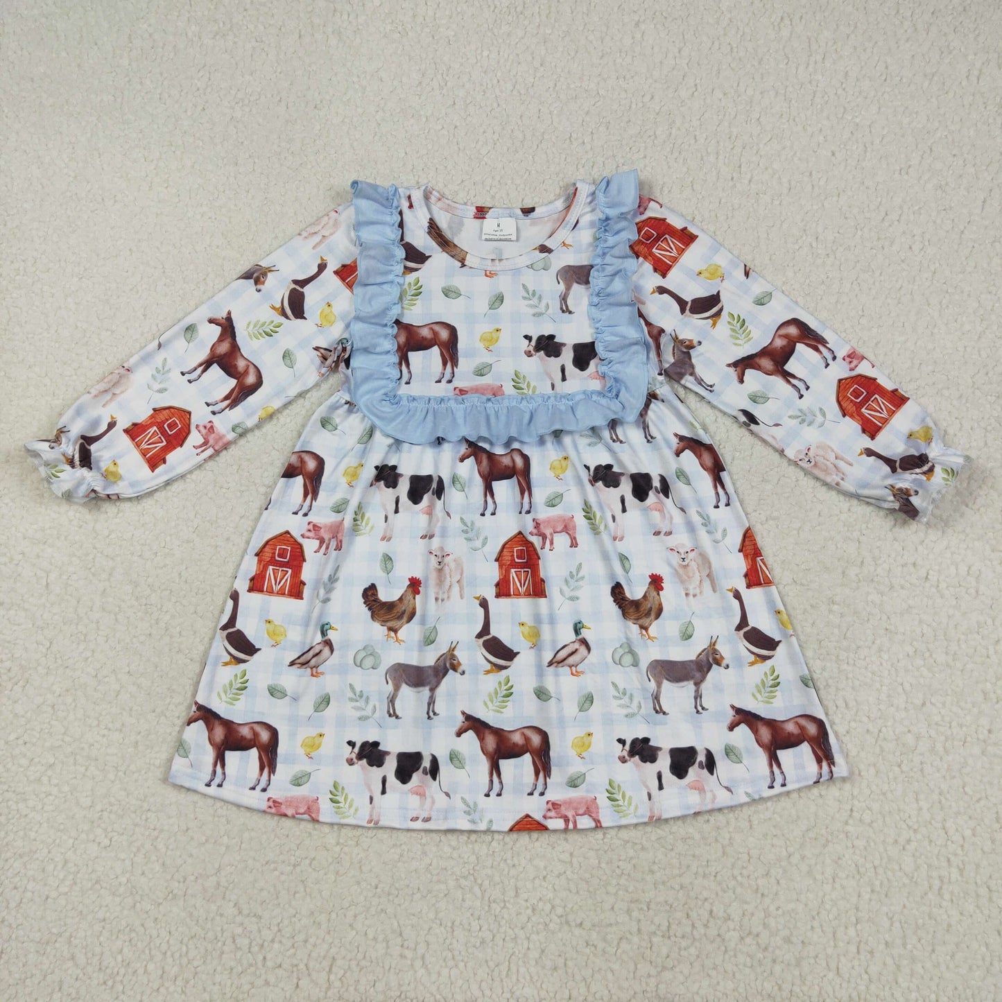 RTS NO MOQ(In Stock) GLD1171 farm animals red house blue lace plaid long sleeve dress