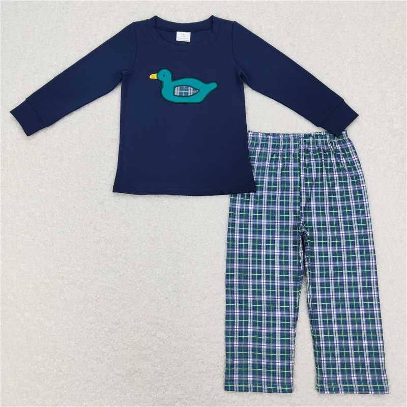RTS NO MOQ(In Stock) BLP0440 Baby Boys Toddler Duck Navy Shirts Gingham Pants Clothes Sets