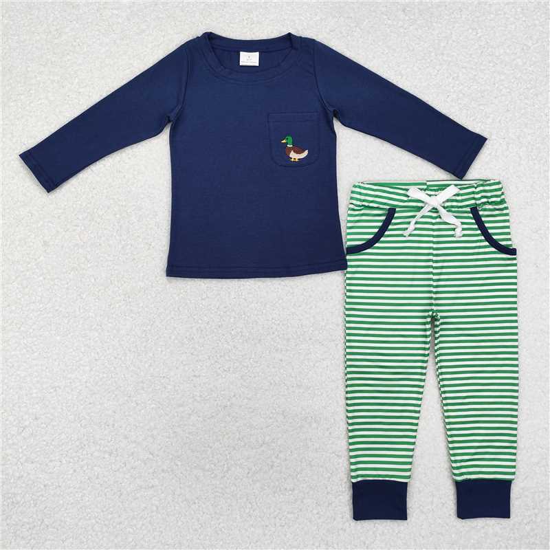 RTS NO MOQ(In Stock) BLP0795 Baby Boys Blue Mallard Duck Pocket Top Stripes Pants Outfits Sets