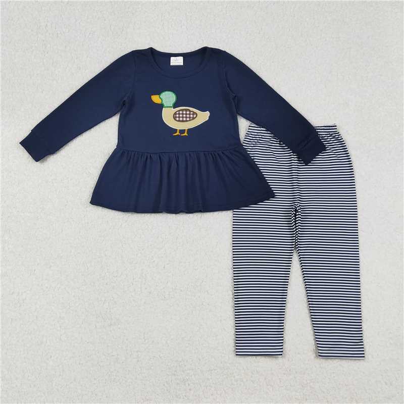 RTS NO MOQ(In Stock) GLP2595 Baby girl Toddler Duck Navy Shirts Gingham Pants Clothes Sets