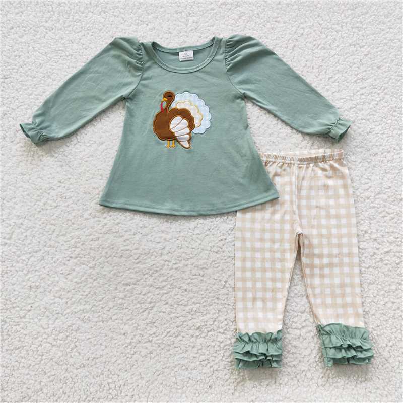 RTS NO MOQ(In Stock ) GLP0534 Embroidered turkey long sleeve pants set