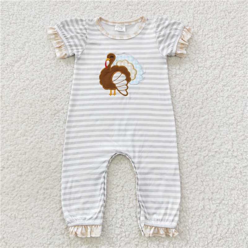 RTS NO MOQ(In Stock) SR0407 Embroidery turkey short-sleeved jumpsuit
