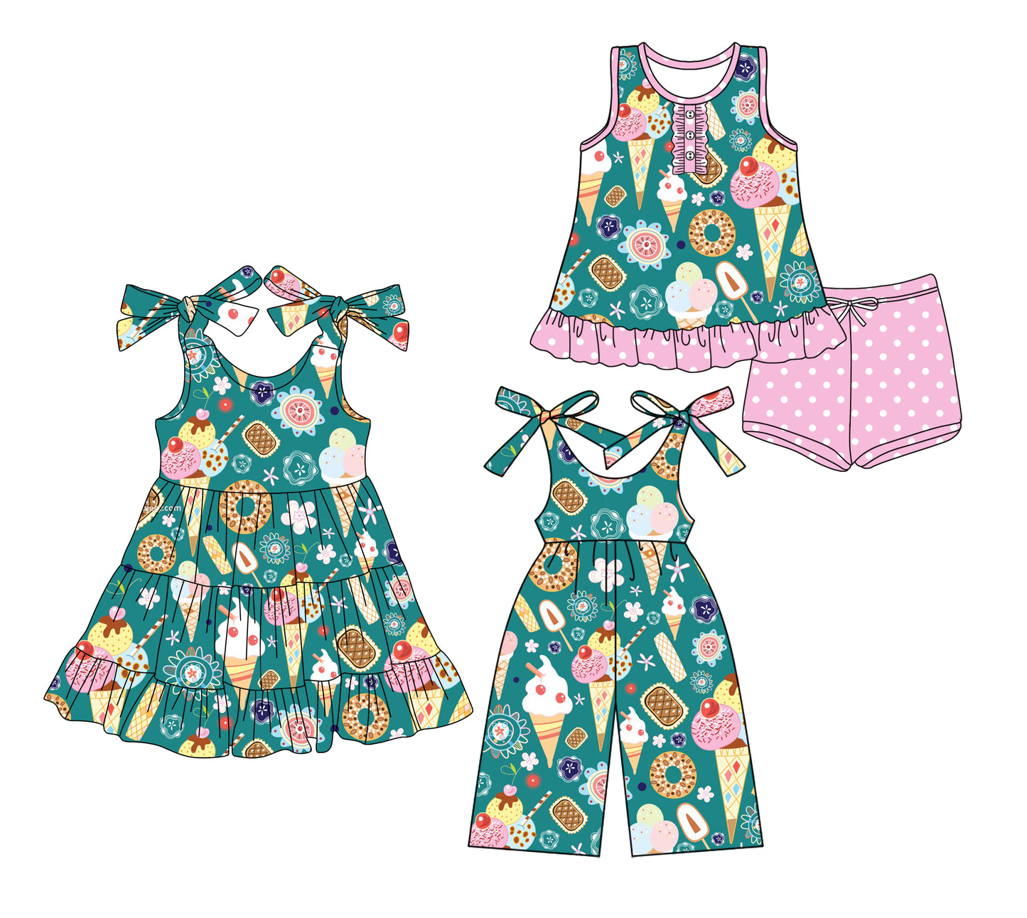 3.17 custom each style moq 5eta 4-6week Sibling Sister ice cream baby girl short sleeve shorts sets and dresses and jumpsuit match design