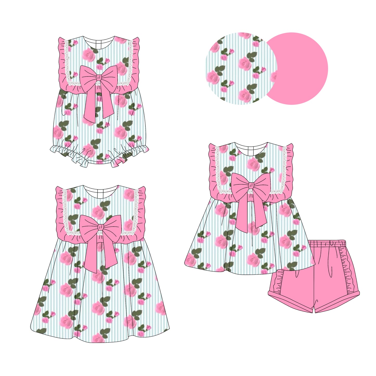 3.17 custom each style moq 5eta 4-6week Sibling Sisters floral baby girl short sleeve shorts sets and dress and rompers match family design