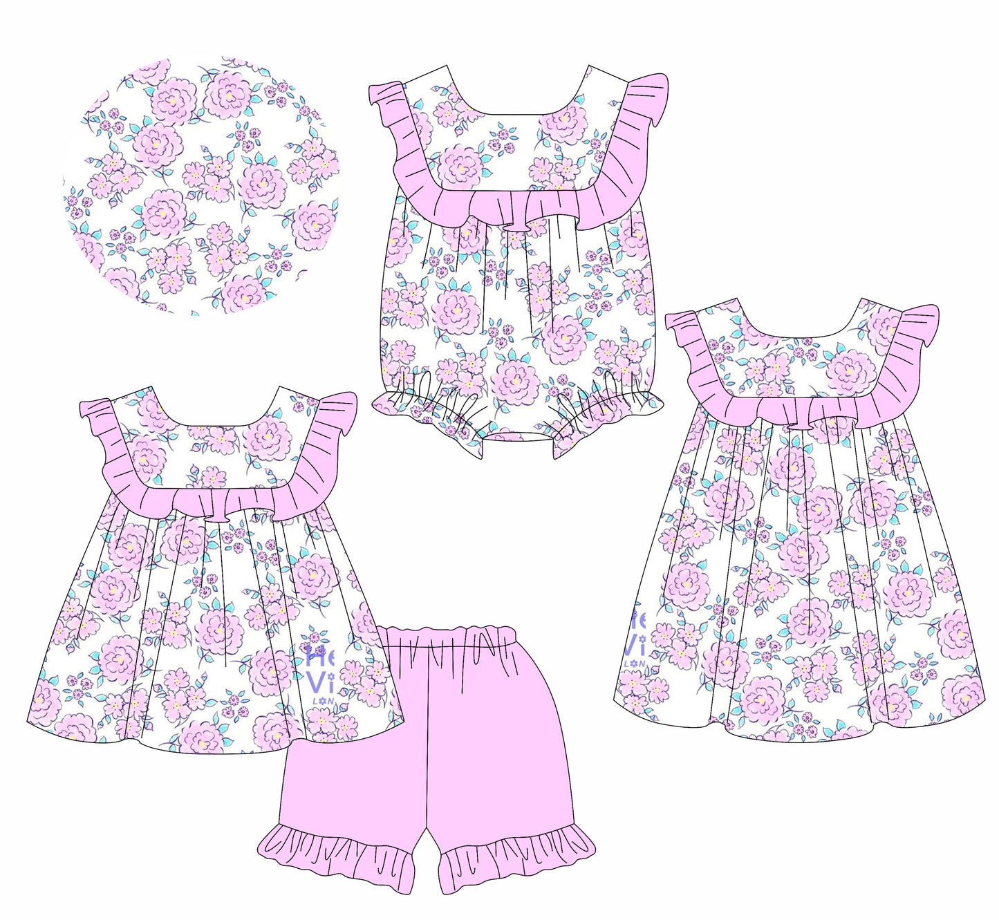 3.17 custom each style moq 5eta 4-6week Sibling Sisters floral baby girl short sleeve shorts sets and dress and rompers match family design
