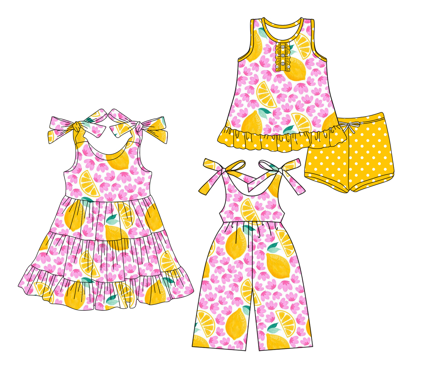 3.17 custom each style moq 5eta 4-6week Sibling Sister lemon baby girl short sleeve shorts sets and dresses and jumpsuit match design