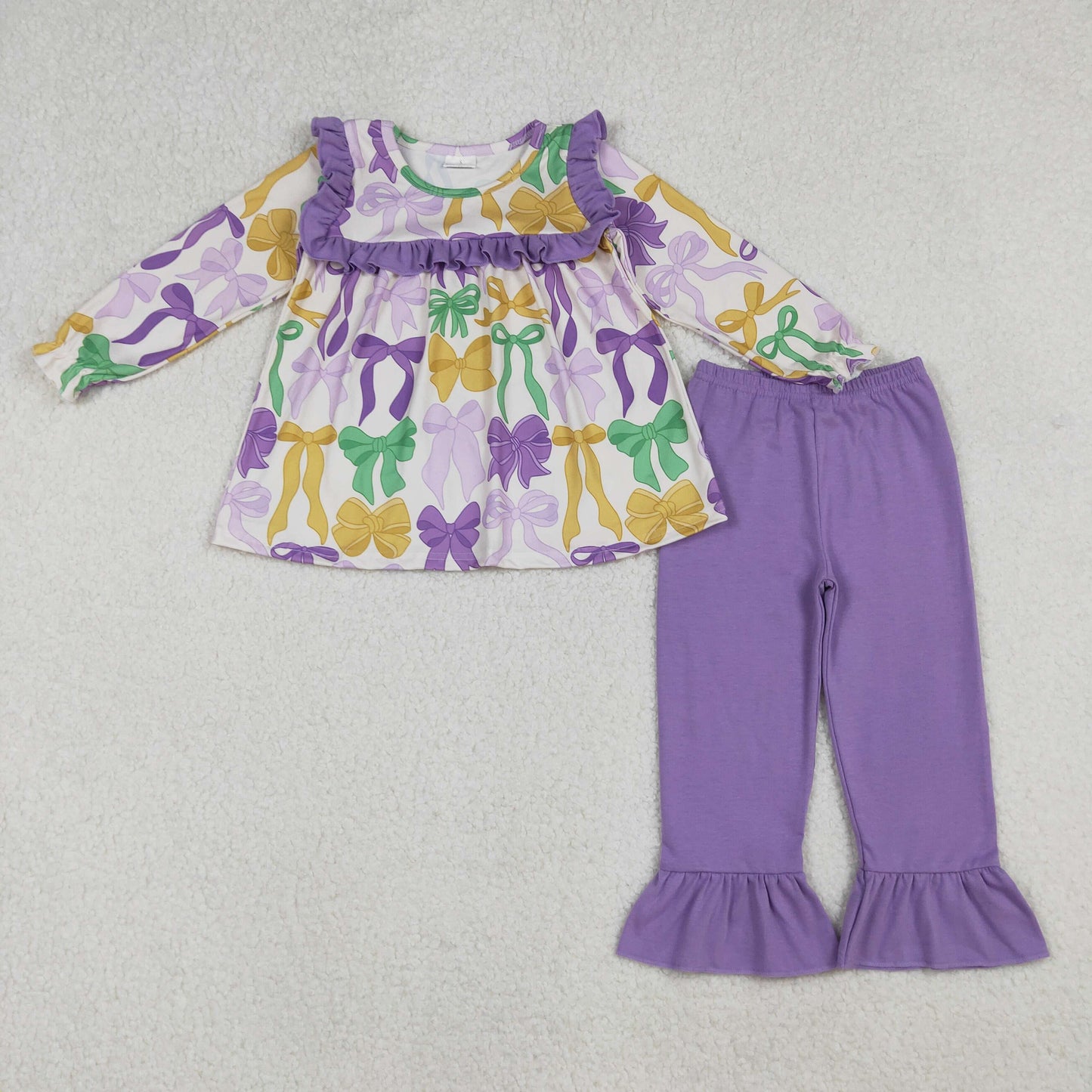 RTS NO MOQ(In Stock) 12/18m-7/8t GLP2822 Carnival bow pattern purple lace long-sleeved pantsuit