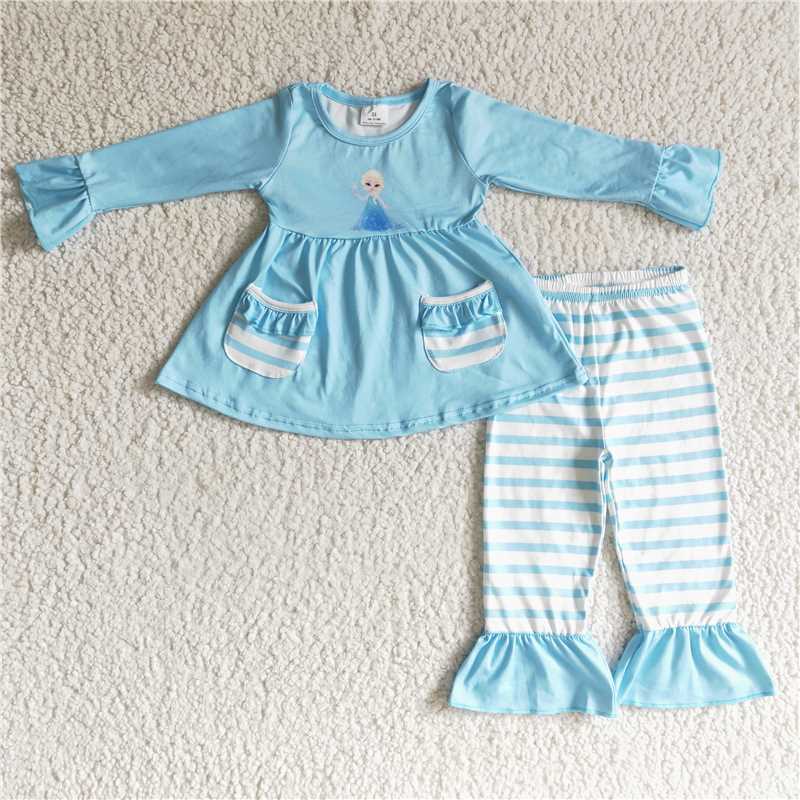 6 C11-5 Cartoon Blue Pocket Top Striped Pants Suit