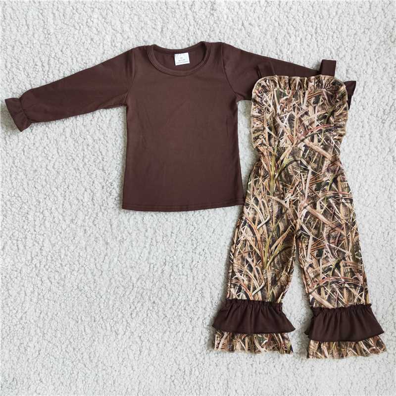 RTS NO MOQ(In Stock) Brown long-sleeved top and overalls set
