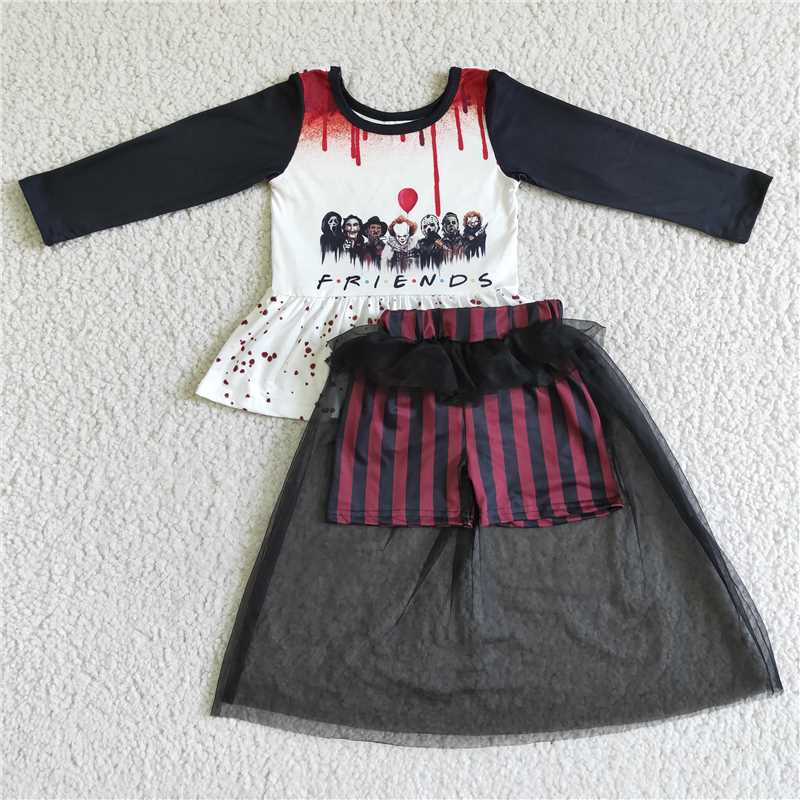 RTS NO MOQ(In Stock ) GLD0041 Halloween FRIENDS long-sleeved mesh skirt suit