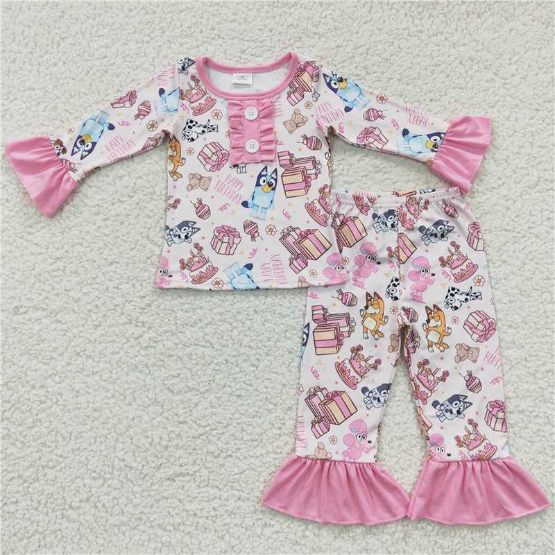 RTS NO MOQ(In Stock) GLP0454 Happy Birthday cartoon Bluey pink long-sleeved pants suit
