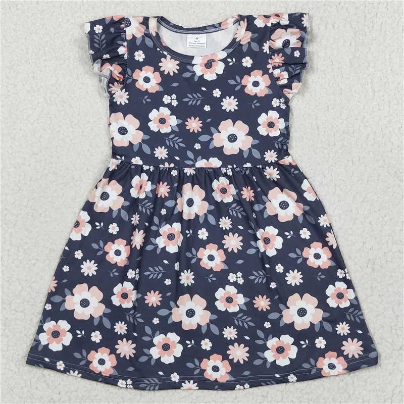 Pink flower blue leaves gray flying sleeve dress 粉色花蓝色叶子灰色飞袖裙