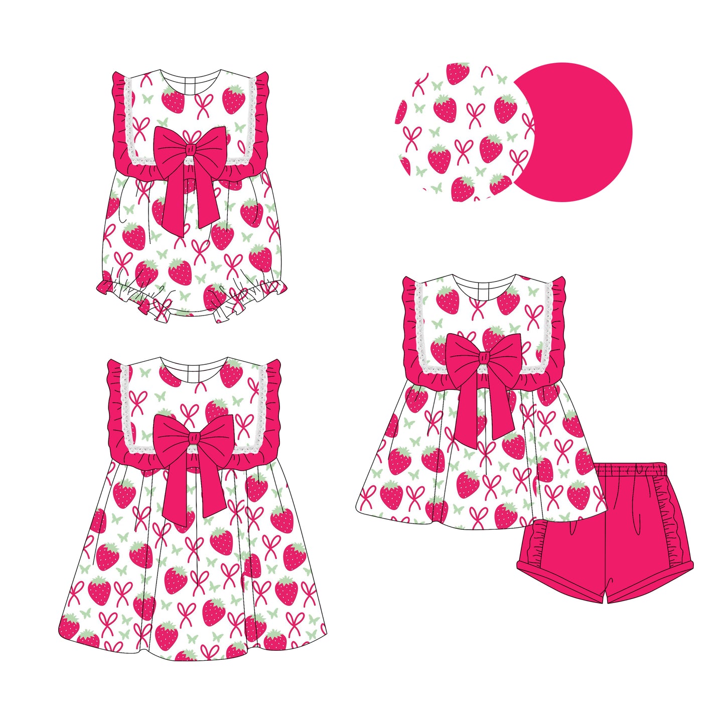 3.17 custom each style moq 5eta 4-6week Sibling Sisters strawberry bow baby girl short sleeve shorts sets and dress and rompers match family design