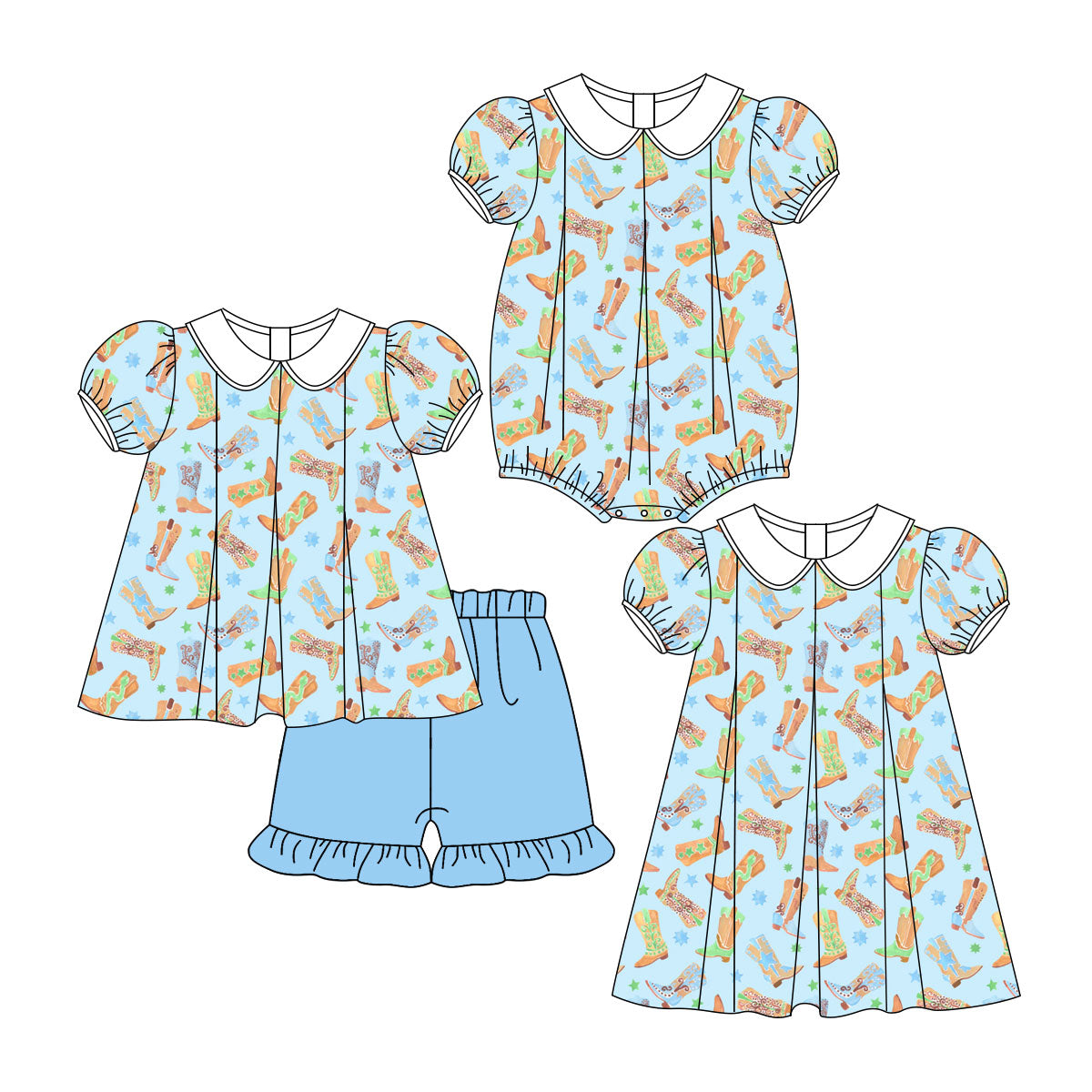 25.11.25 custom each style moq 5 eta 6-8week Sibling Sister boots baby short sleeve shorts sets and romper and dress match design